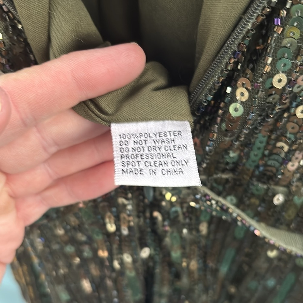 NWOT Mac Duggal LONG SLEEVE SEQUINED MINI DRESS Olive Green Bling Glam Gold - Picture 6 of 9